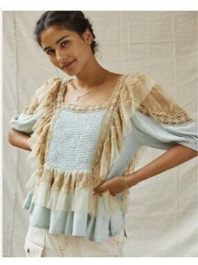 Fever That Girl Womens Lace Trim Square Neck Blouse Medium Blue Cotton Boho